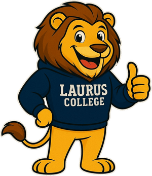 Leo, the Laurus College lion mascot, giving a thumbs up