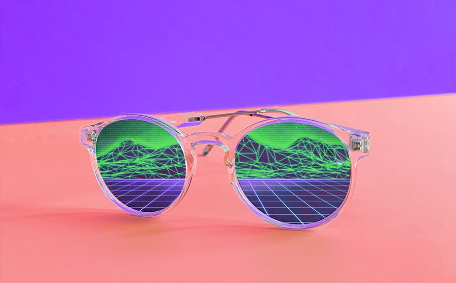 Sunglasses reflecting a digital landscape